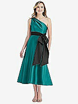 Front View Thumbnail - Jade & Black One-Shoulder Bow-Waist Midi Dress with Pockets