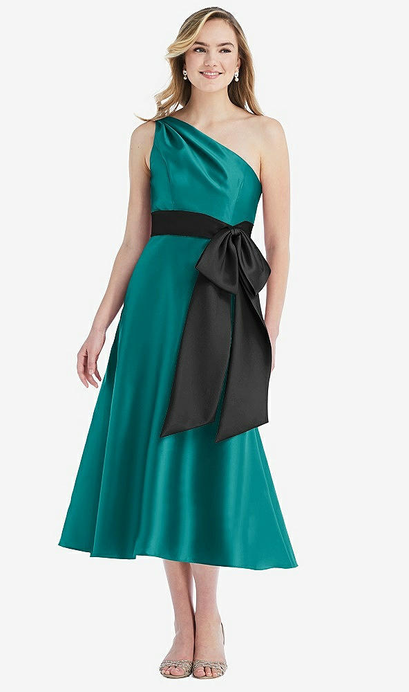 Front View - Jade & Black One-Shoulder Bow-Waist Midi Dress with Pockets