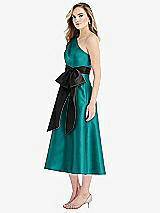 Side View Thumbnail - Jade & Black One-Shoulder Bow-Waist Midi Dress with Pockets