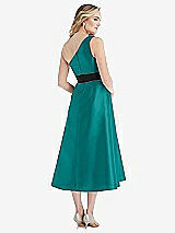 Rear View Thumbnail - Jade & Black One-Shoulder Bow-Waist Midi Dress with Pockets