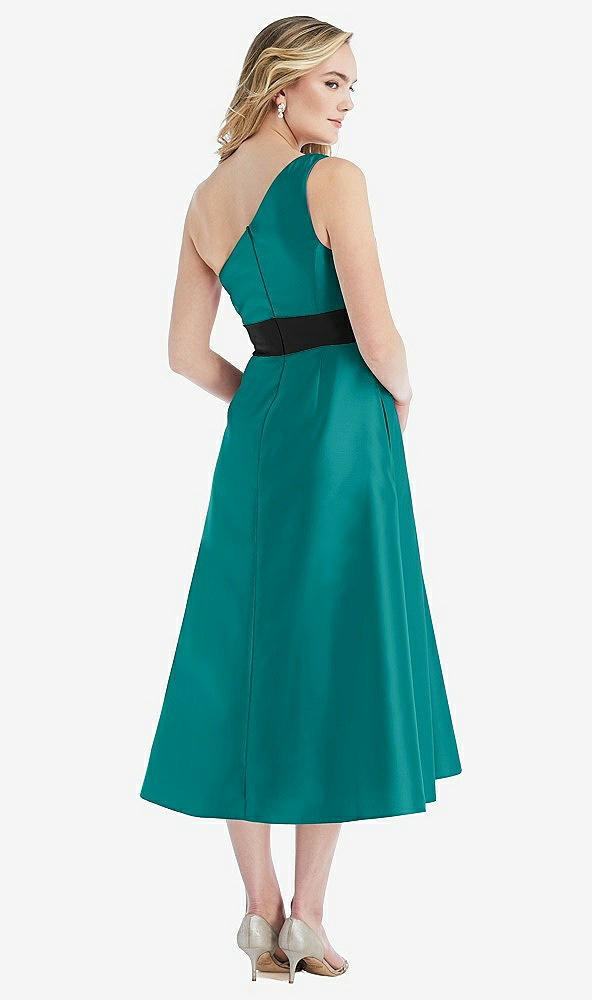 Back View - Jade & Black One-Shoulder Bow-Waist Midi Dress with Pockets