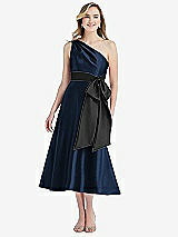 Front View Thumbnail - Midnight Navy & Black One-Shoulder Bow-Waist Midi Dress with Pockets