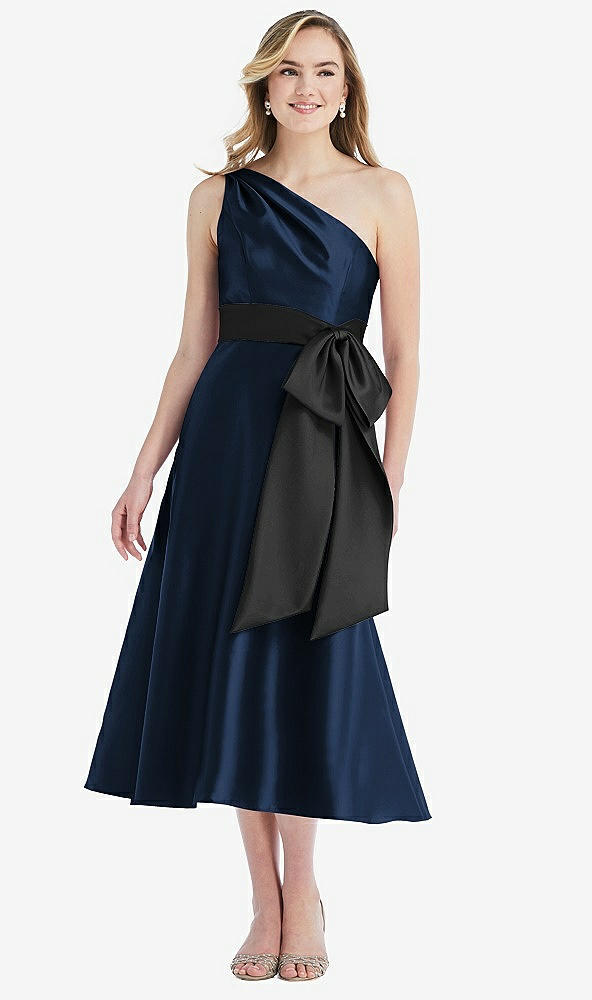 Front View - Midnight Navy & Black One-Shoulder Bow-Waist Midi Dress with Pockets