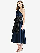 Side View Thumbnail - Midnight Navy & Black One-Shoulder Bow-Waist Midi Dress with Pockets