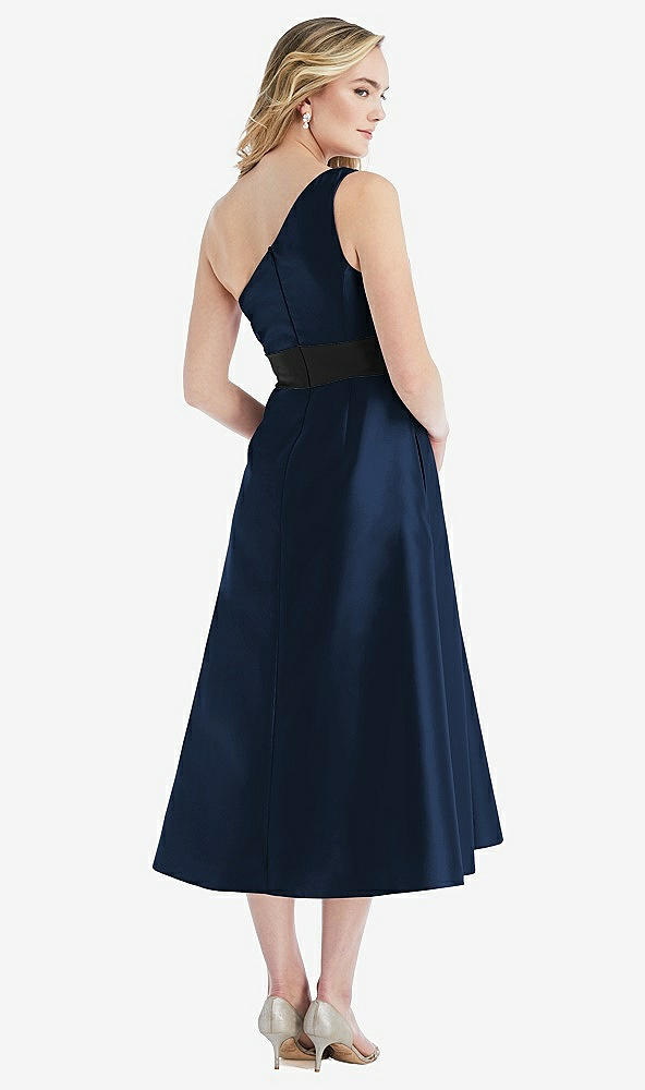 Back View - Midnight Navy & Black One-Shoulder Bow-Waist Midi Dress with Pockets