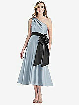 Front View Thumbnail - Mist & Black One-Shoulder Bow-Waist Midi Dress with Pockets