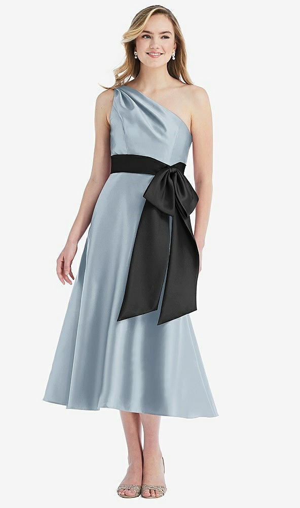 Front View - Mist & Black One-Shoulder Bow-Waist Midi Dress with Pockets