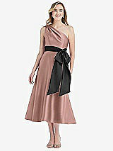 Front View Thumbnail - Neu Nude & Black One-Shoulder Bow-Waist Midi Dress with Pockets