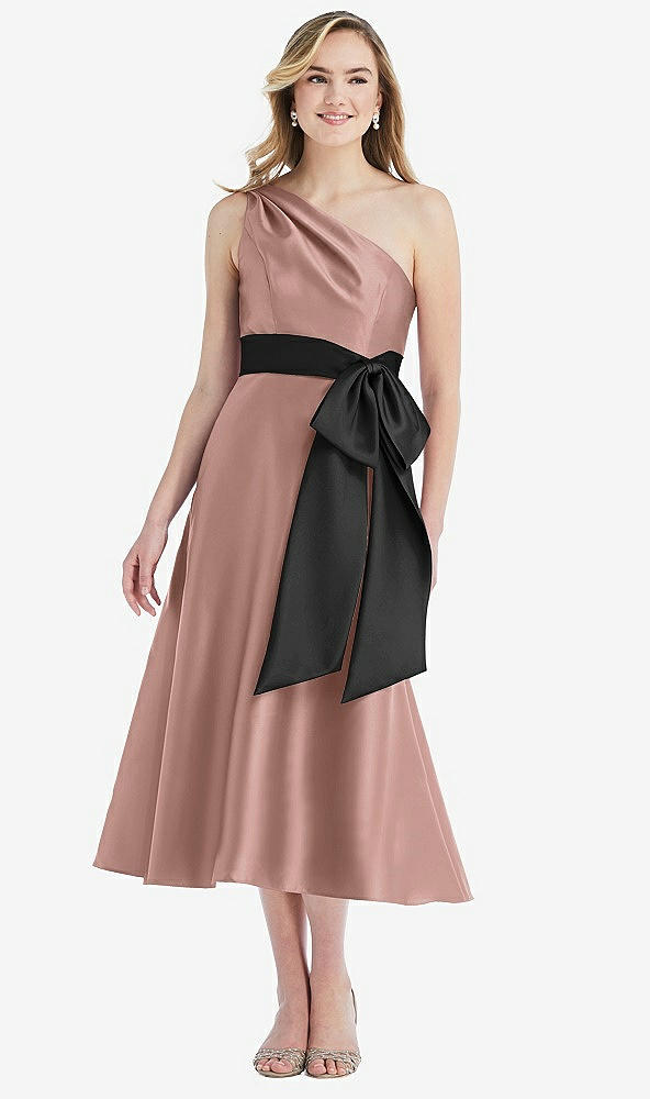 Front View - Neu Nude & Black One-Shoulder Bow-Waist Midi Dress with Pockets