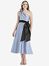 Front View Thumbnail - Sky Blue & Black One-Shoulder Bow-Waist Midi Dress with Pockets