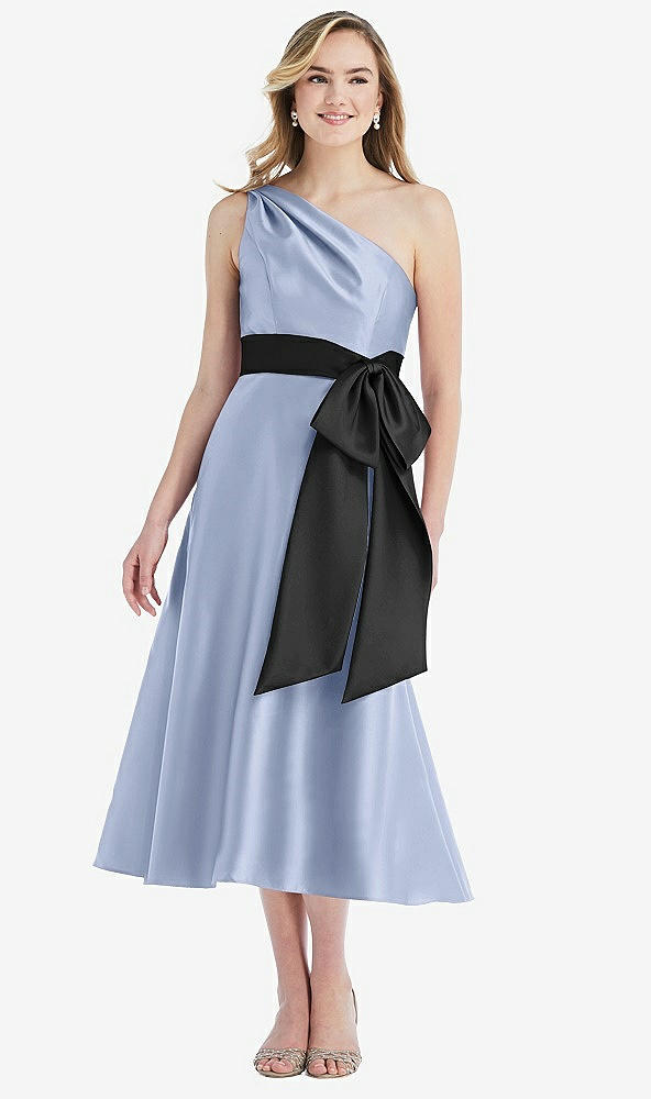 Front View - Sky Blue & Black One-Shoulder Bow-Waist Midi Dress with Pockets