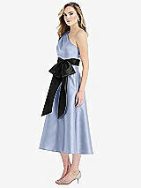 Side View Thumbnail - Sky Blue & Black One-Shoulder Bow-Waist Midi Dress with Pockets
