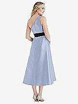 Rear View Thumbnail - Sky Blue & Black One-Shoulder Bow-Waist Midi Dress with Pockets