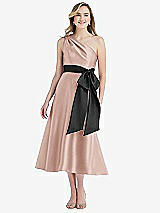 Front View Thumbnail - Toasted Sugar & Black One-Shoulder Bow-Waist Midi Dress with Pockets