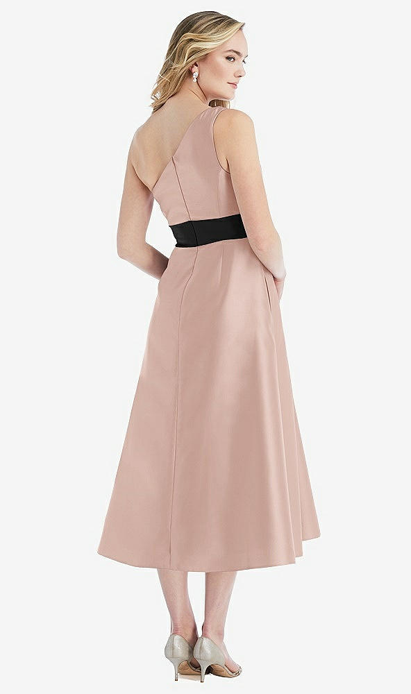 Back View - Toasted Sugar & Black One-Shoulder Bow-Waist Midi Dress with Pockets