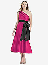 Front View Thumbnail - Think Pink & Black One-Shoulder Bow-Waist Midi Dress with Pockets
