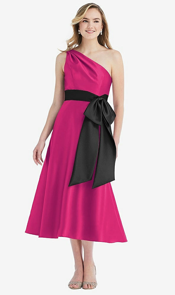 Front View - Think Pink & Black One-Shoulder Bow-Waist Midi Dress with Pockets