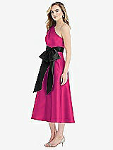 Side View Thumbnail - Think Pink & Black One-Shoulder Bow-Waist Midi Dress with Pockets