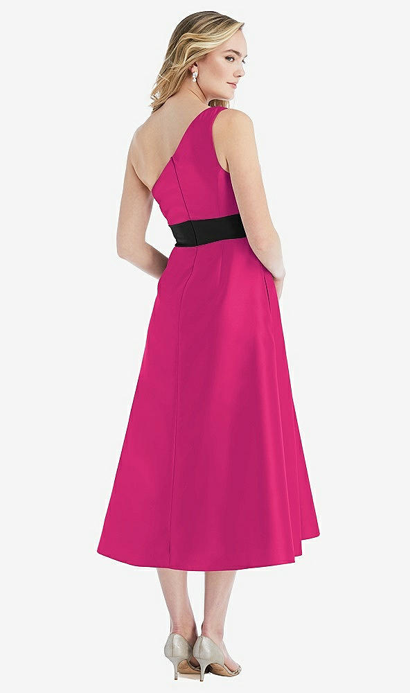 Back View - Think Pink & Black One-Shoulder Bow-Waist Midi Dress with Pockets