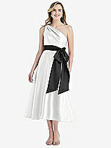 Front View Thumbnail - White & Black One-Shoulder Bow-Waist Midi Dress with Pockets