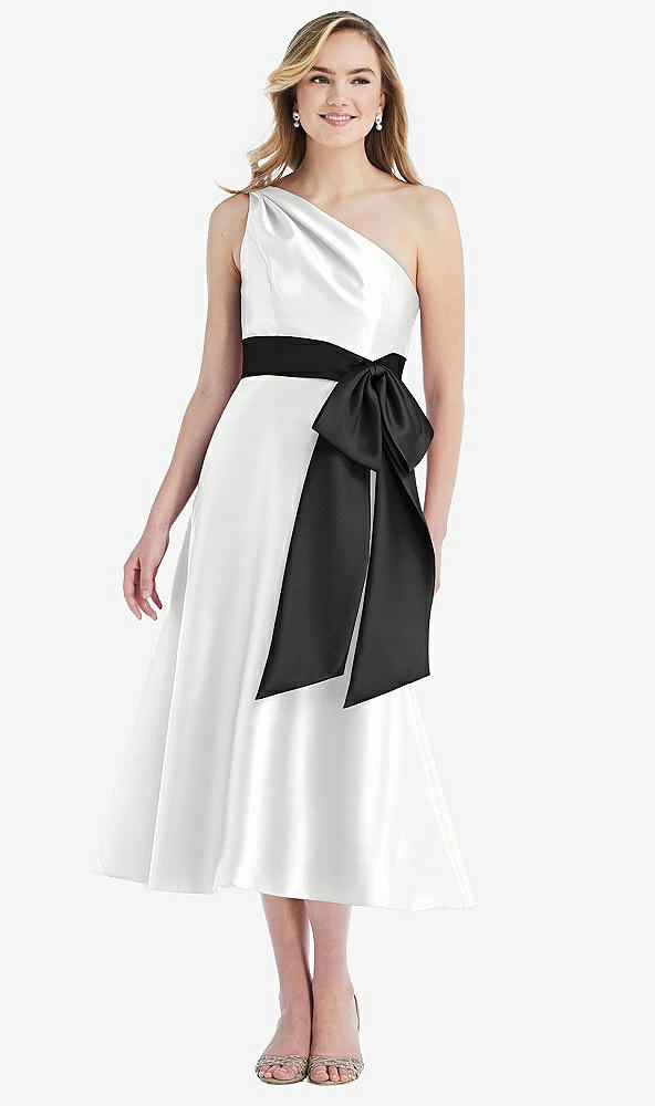 Front View - White & Black One-Shoulder Bow-Waist Midi Dress with Pockets