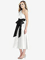 Side View Thumbnail - White & Black One-Shoulder Bow-Waist Midi Dress with Pockets