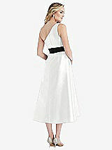Rear View Thumbnail - White & Black One-Shoulder Bow-Waist Midi Dress with Pockets