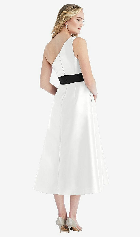 Back View - White & Black One-Shoulder Bow-Waist Midi Dress with Pockets