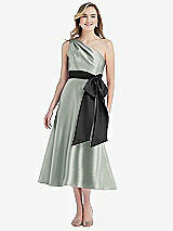 Front View Thumbnail - Willow Green & Black One-Shoulder Bow-Waist Midi Dress with Pockets