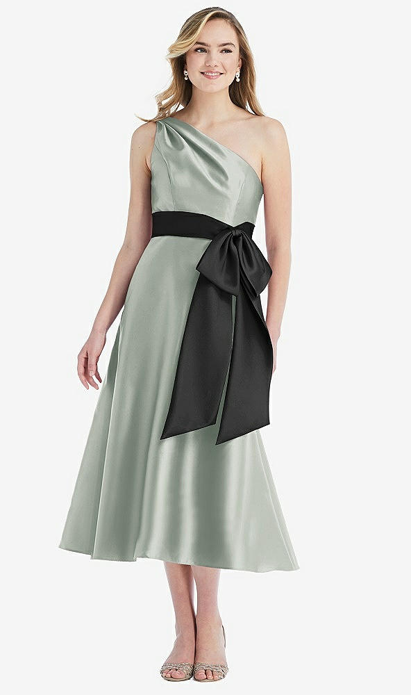 Front View - Willow Green & Black One-Shoulder Bow-Waist Midi Dress with Pockets
