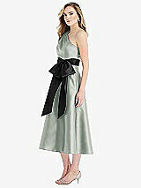 Side View Thumbnail - Willow Green & Black One-Shoulder Bow-Waist Midi Dress with Pockets