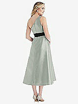 Rear View Thumbnail - Willow Green & Black One-Shoulder Bow-Waist Midi Dress with Pockets