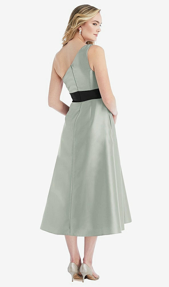 Back View - Willow Green & Black One-Shoulder Bow-Waist Midi Dress with Pockets