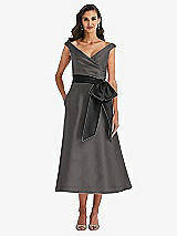 Front View Thumbnail - Caviar Gray & Black Off-the-Shoulder Bow-Waist Midi Dress with Pockets