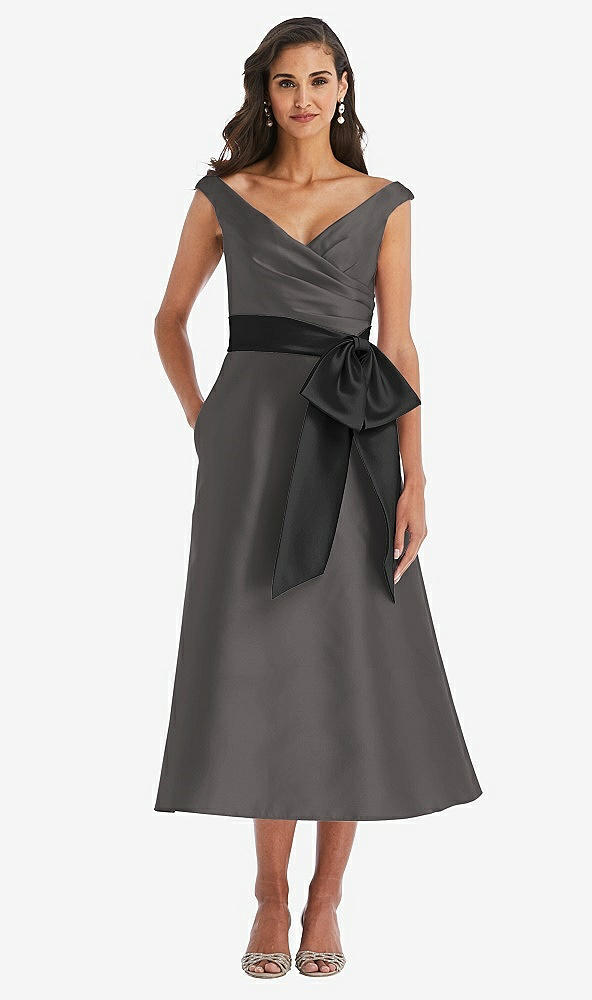 Front View - Caviar Gray & Black Off-the-Shoulder Bow-Waist Midi Dress with Pockets