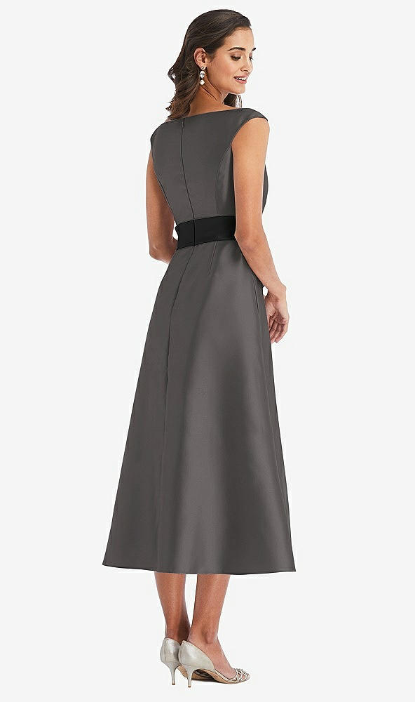 Back View - Caviar Gray & Black Off-the-Shoulder Bow-Waist Midi Dress with Pockets