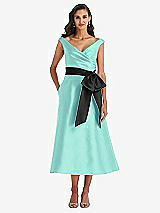 Front View Thumbnail - Coastal & Black Off-the-Shoulder Bow-Waist Midi Dress with Pockets