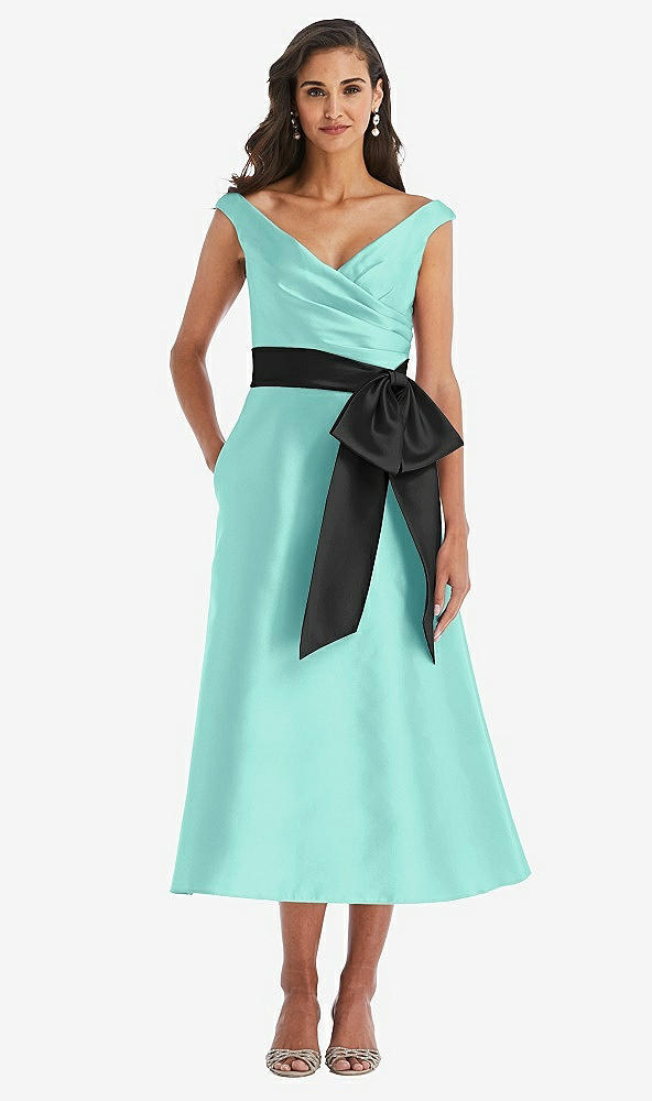 Front View - Coastal & Black Off-the-Shoulder Bow-Waist Midi Dress with Pockets