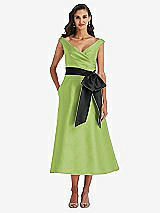 Front View Thumbnail - Mojito & Black Off-the-Shoulder Bow-Waist Midi Dress with Pockets