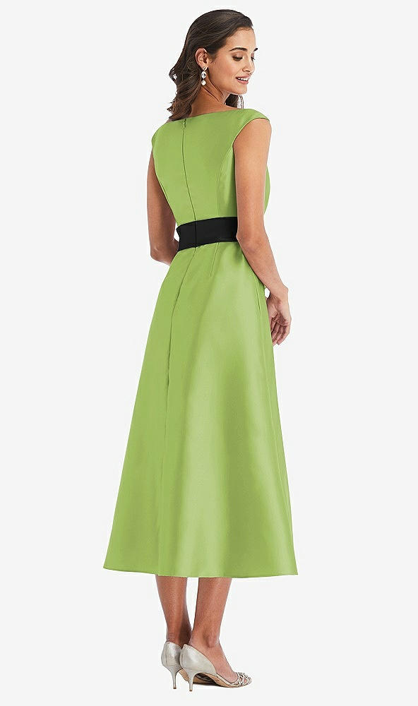 Back View - Mojito & Black Off-the-Shoulder Bow-Waist Midi Dress with Pockets