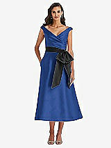 Front View Thumbnail - Classic Blue & Black Off-the-Shoulder Bow-Waist Midi Dress with Pockets