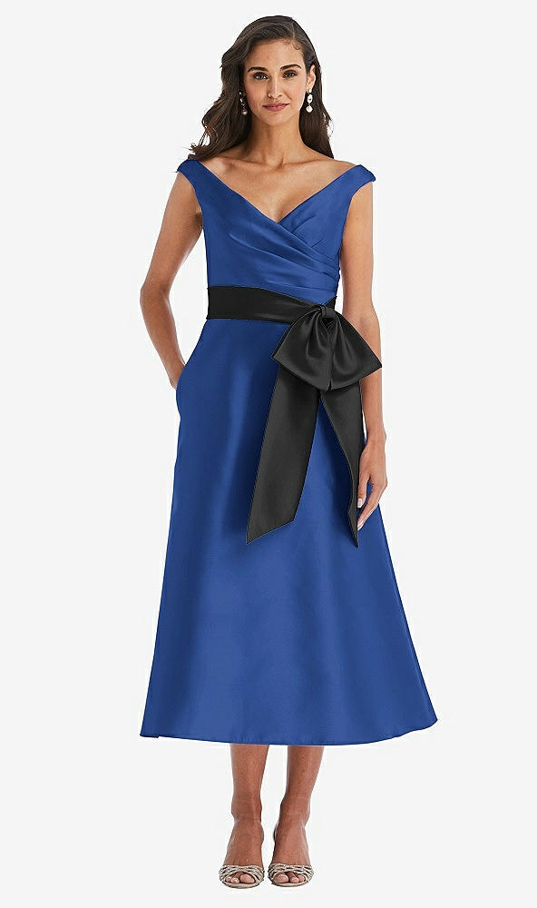 Front View - Classic Blue & Black Off-the-Shoulder Bow-Waist Midi Dress with Pockets