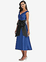 Side View Thumbnail - Classic Blue & Black Off-the-Shoulder Bow-Waist Midi Dress with Pockets