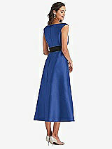 Rear View Thumbnail - Classic Blue & Black Off-the-Shoulder Bow-Waist Midi Dress with Pockets
