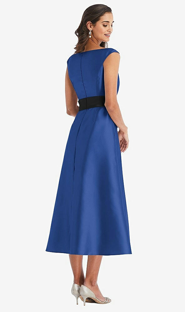 Back View - Classic Blue & Black Off-the-Shoulder Bow-Waist Midi Dress with Pockets