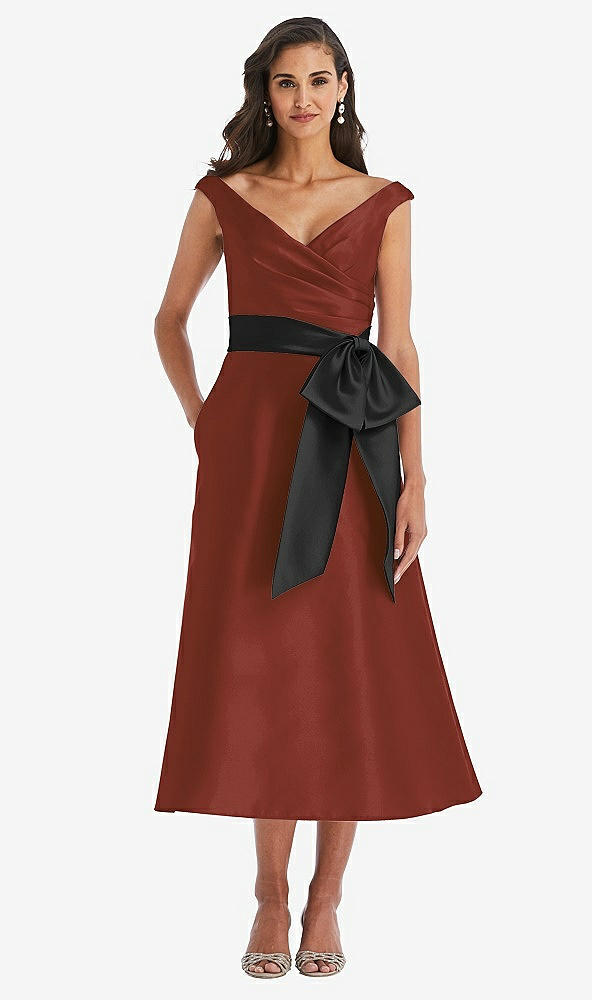 Front View - Auburn Moon & Black Off-the-Shoulder Bow-Waist Midi Dress with Pockets
