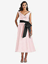 Front View Thumbnail - Ballet Pink & Black Off-the-Shoulder Bow-Waist Midi Dress with Pockets