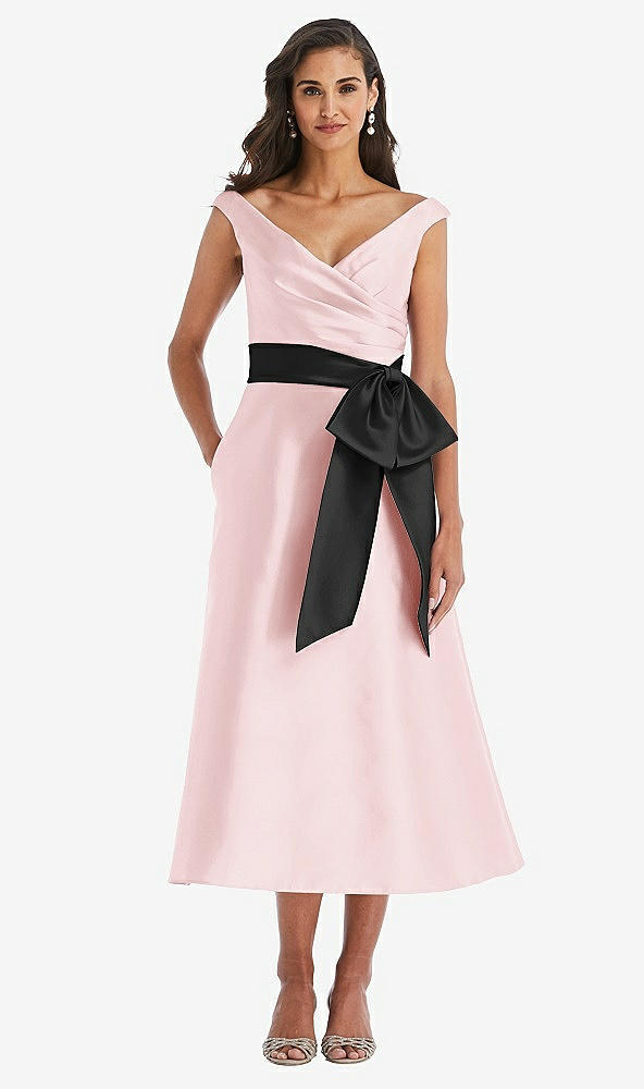 Front View - Ballet Pink & Black Off-the-Shoulder Bow-Waist Midi Dress with Pockets