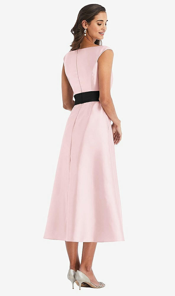 Back View - Ballet Pink & Black Off-the-Shoulder Bow-Waist Midi Dress with Pockets