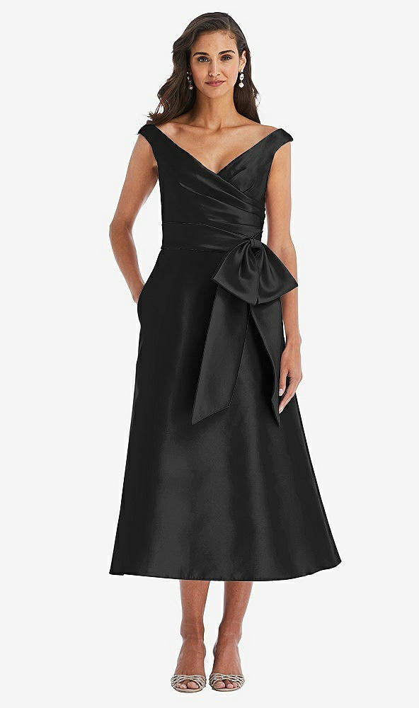 Front View - Black & Black Off-the-Shoulder Bow-Waist Midi Dress with Pockets